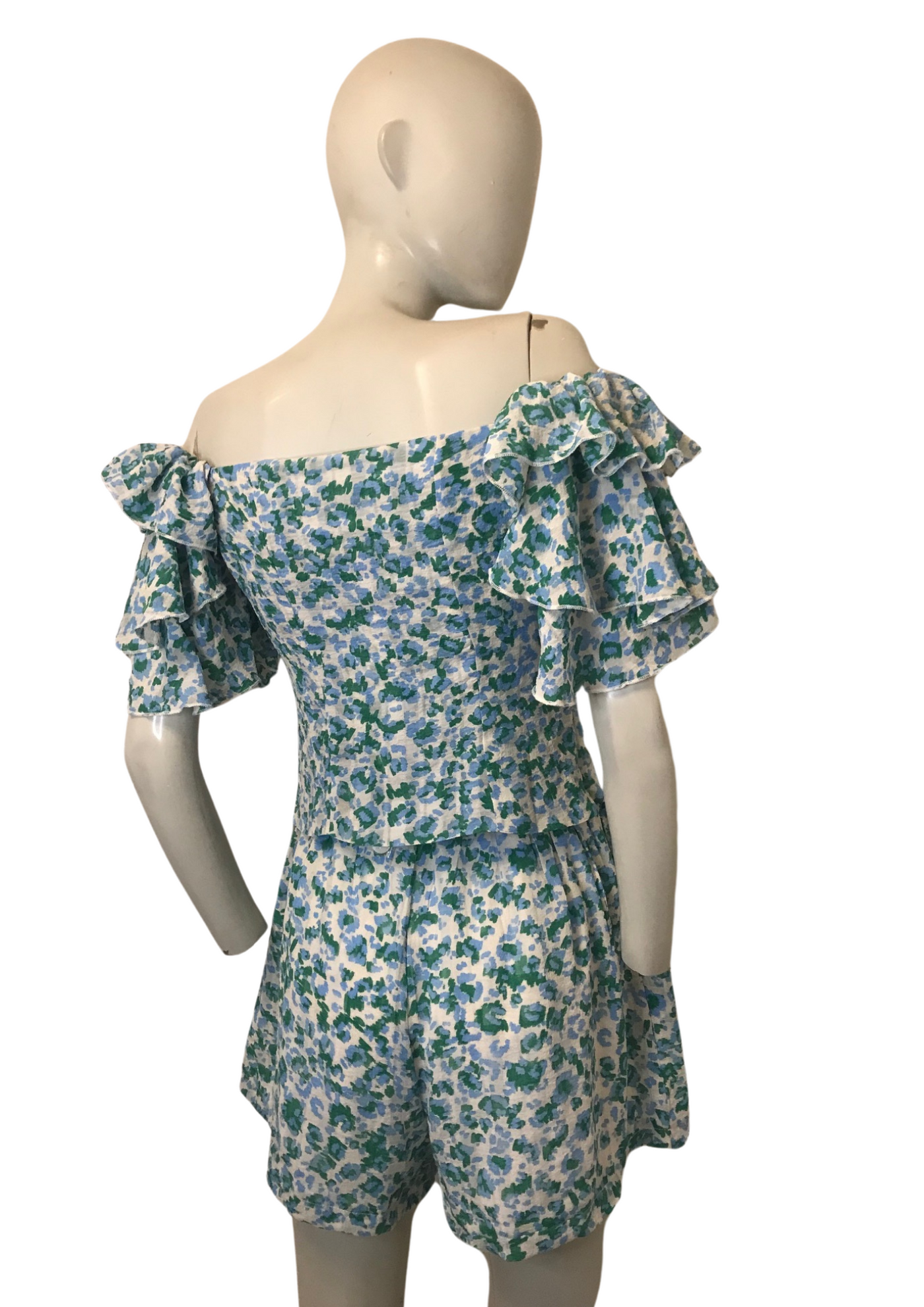 Ensemble fleuri  – Top bardot volanté & short assorti Taille 34 (Neuf) 💙💚