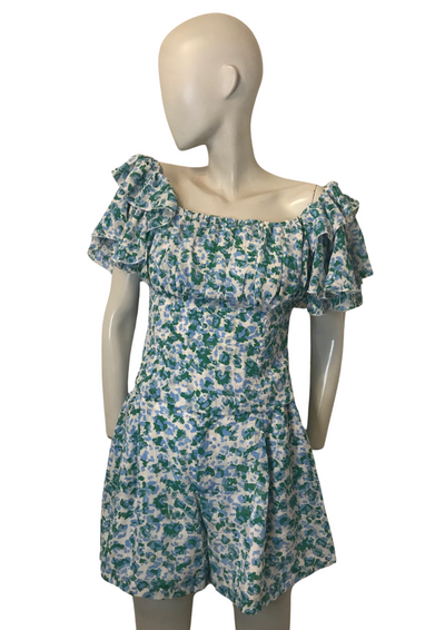 Ensemble fleuri  – Top bardot volanté & short assorti Taille 34 (Neuf) 💙💚