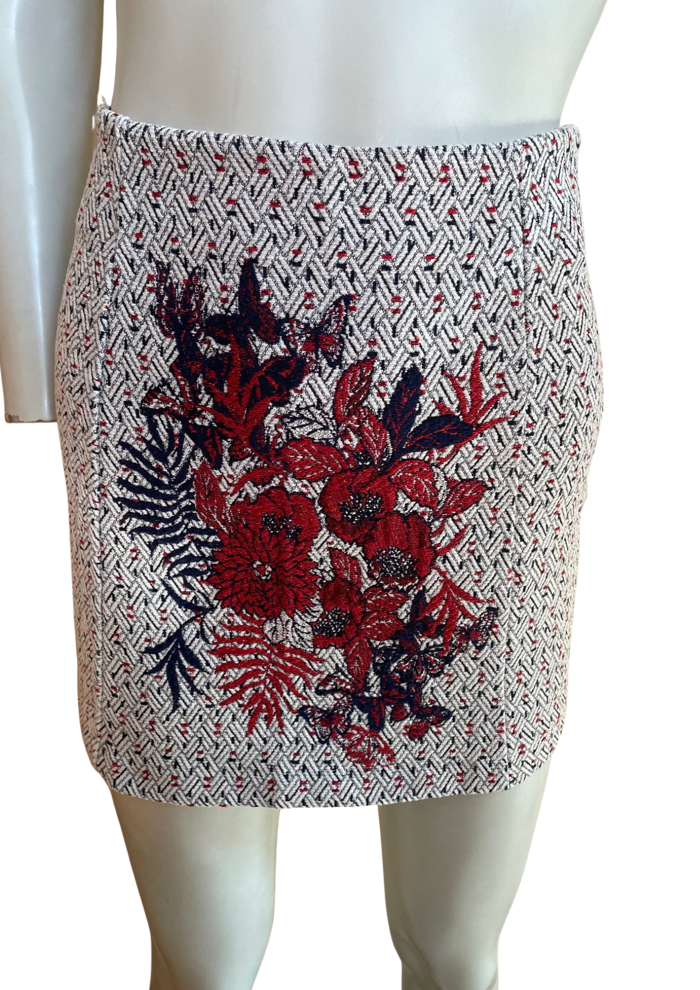 Mini-jupe jacquard brodée fleurs rouge & marine Taille 36 🌺🔶