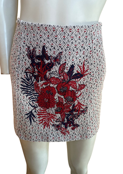 Mini-jupe jacquard brodée fleurs rouge & marine Taille 36 🌺🔶