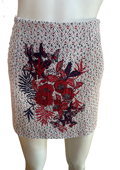 Mini-jupe jacquard brodée fleurs rouge & marine Taille 36 🌺🔶
