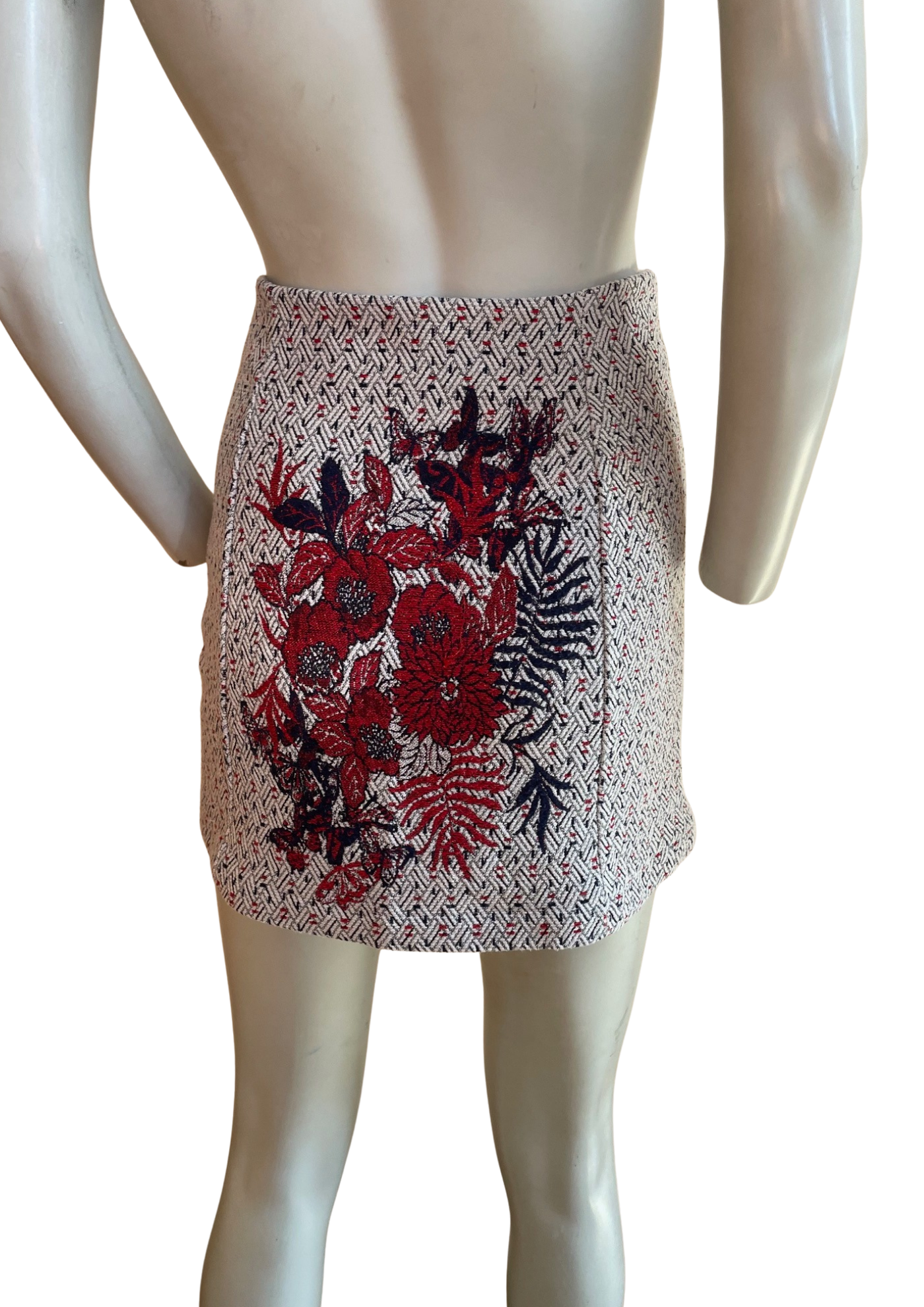 Mini-jupe jacquard brodée fleurs rouge & marine Taille 36 🌺🔶