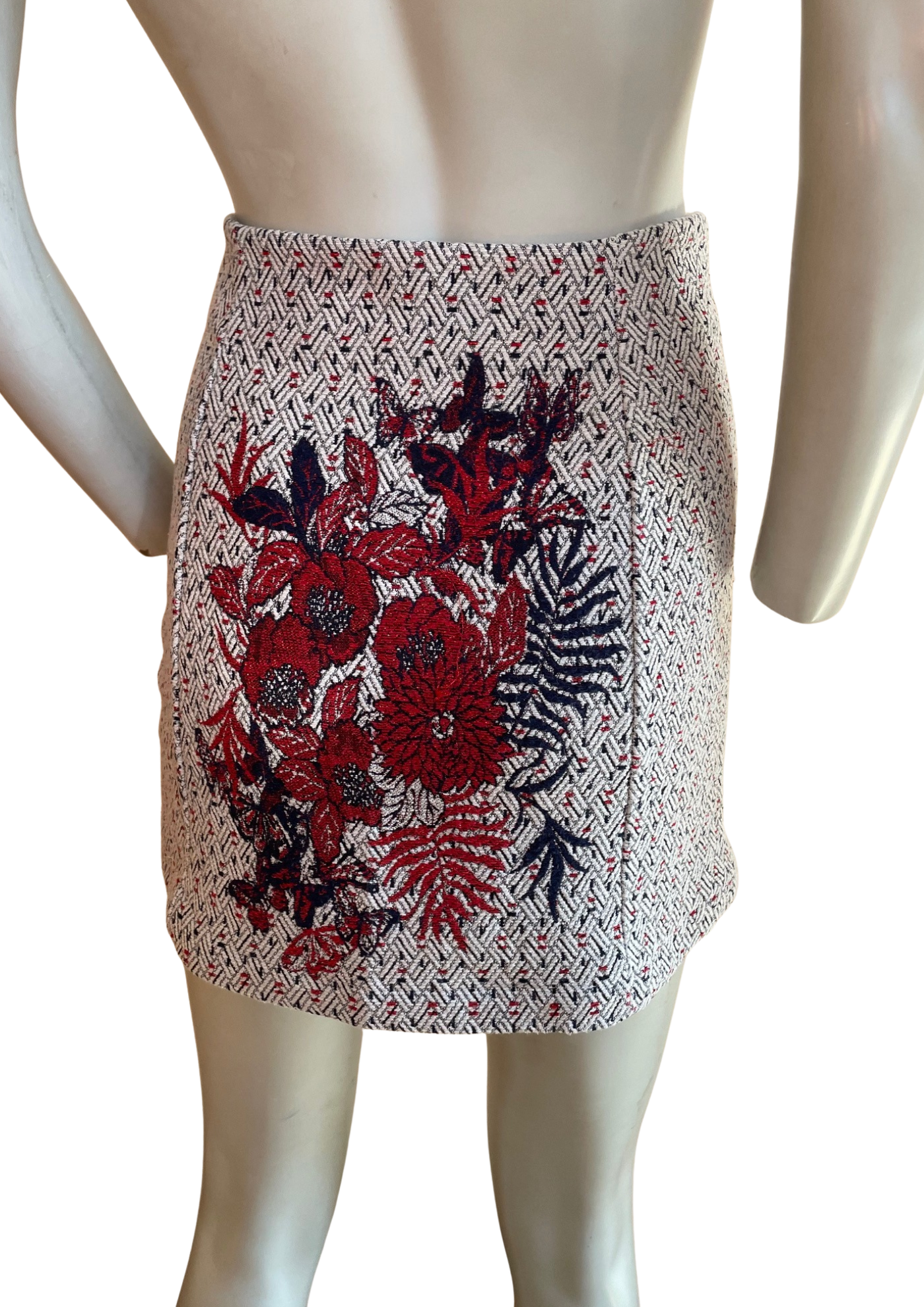 Mini-jupe jacquard brodée fleurs rouge & marine Taille 36 🌺🔶