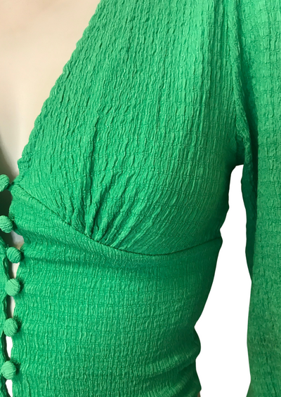 Top court vert à boutons, manches longues texturées Taille 34 💚✨