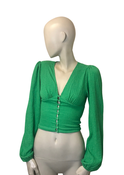 Top court vert à boutons, manches longues texturées Taille 34 💚✨
