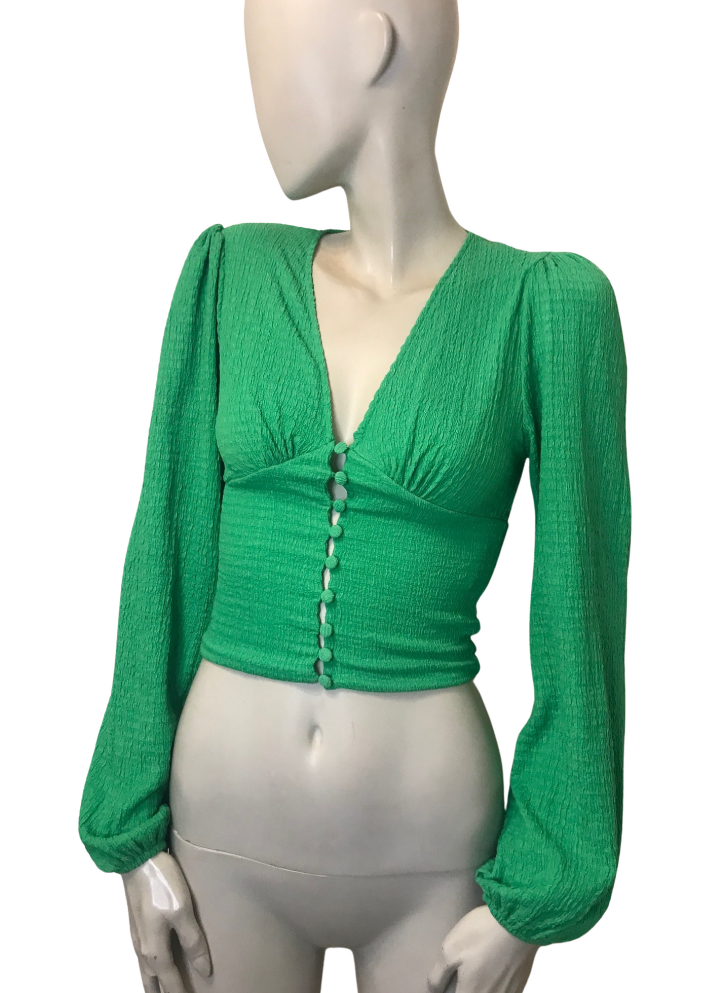 Top court vert à boutons, manches longues texturées Taille 34 💚✨