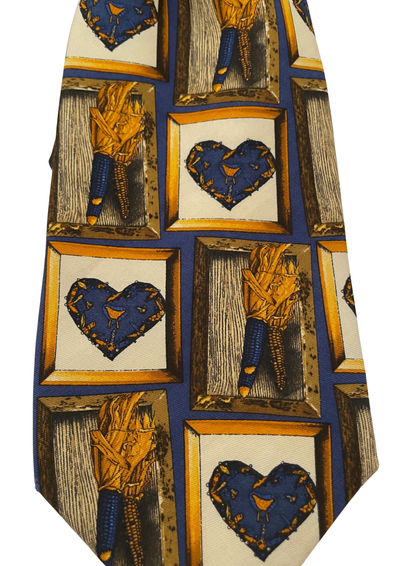 Cravate en soie – motif “cœurs & torches”, bleu/or 👔