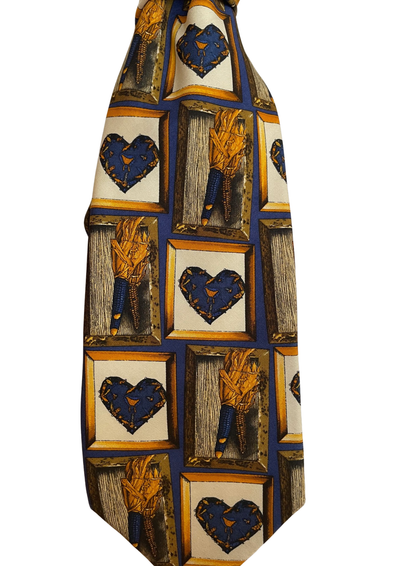Cravate en soie – motif “cœurs & torches”, bleu/or 👔