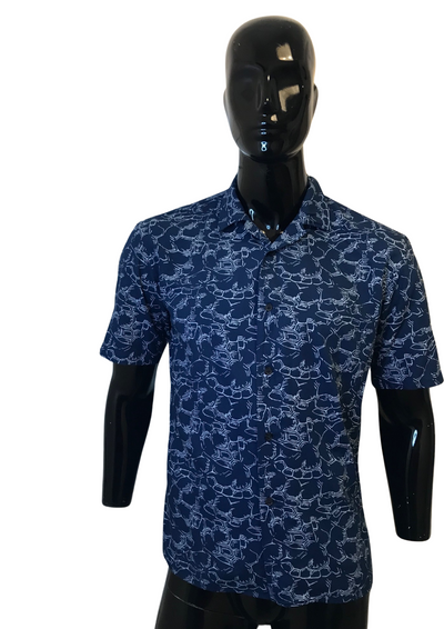 Chemise imprimée bleue – 100% viscose, manches courtes Taille XS 👔💙