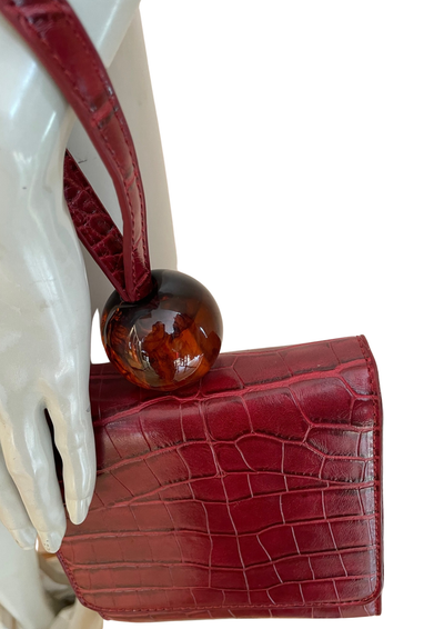 👜 Mini Sac Bordeaux Croco – Poignée Boule Résine Ambrée ✨