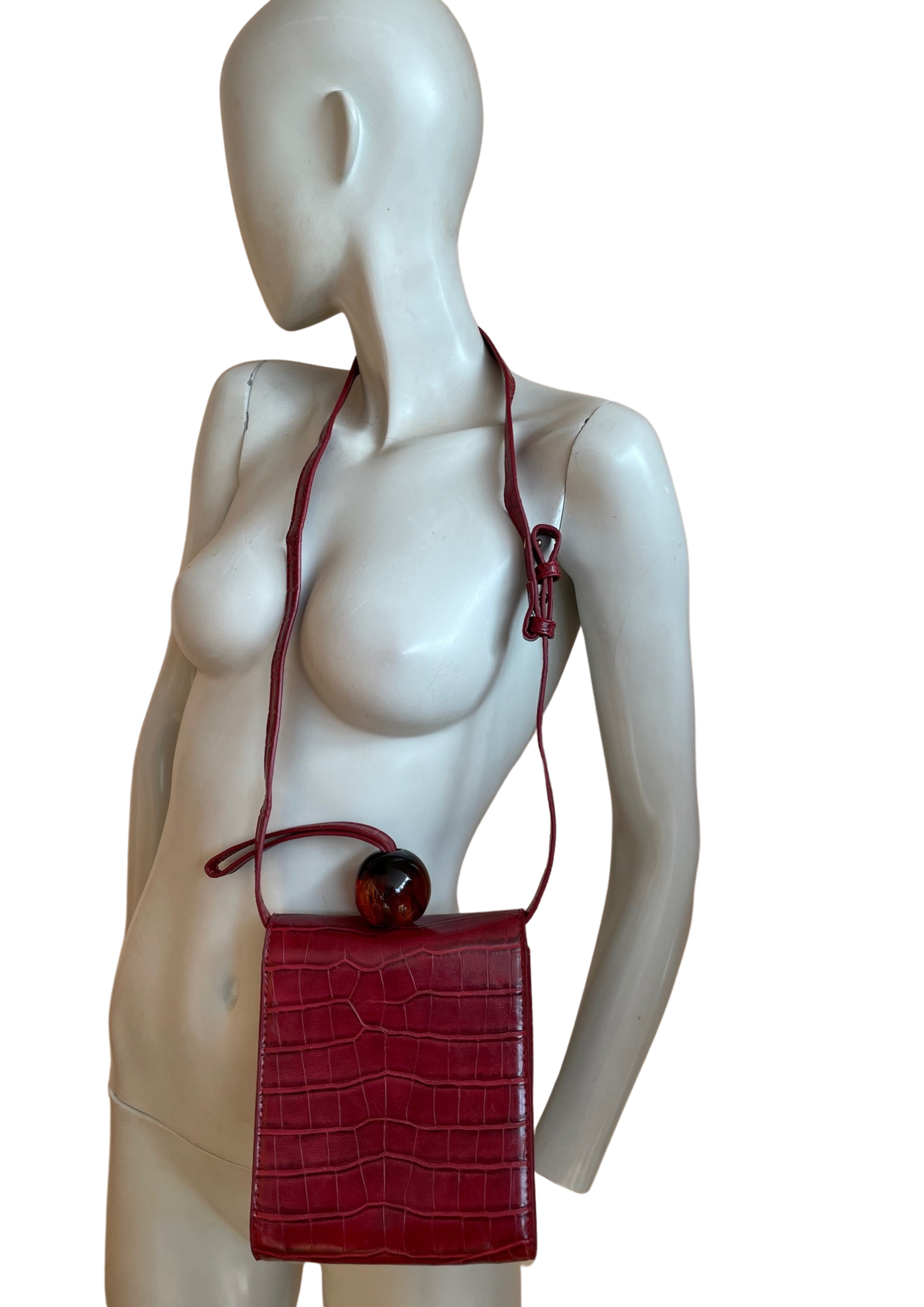 👜 Mini Sac Bordeaux Croco – Poignée Boule Résine Ambrée ✨