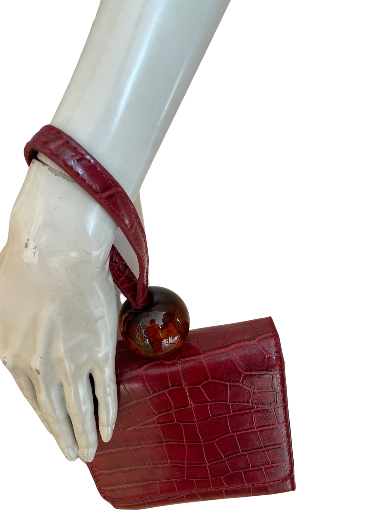 👜 Mini Sac Bordeaux Croco – Poignée Boule Résine Ambrée ✨