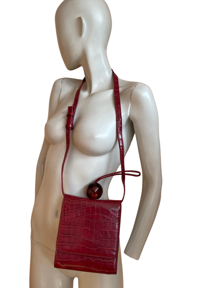 👜 Mini Sac Bordeaux Croco – Poignée Boule Résine Ambrée ✨