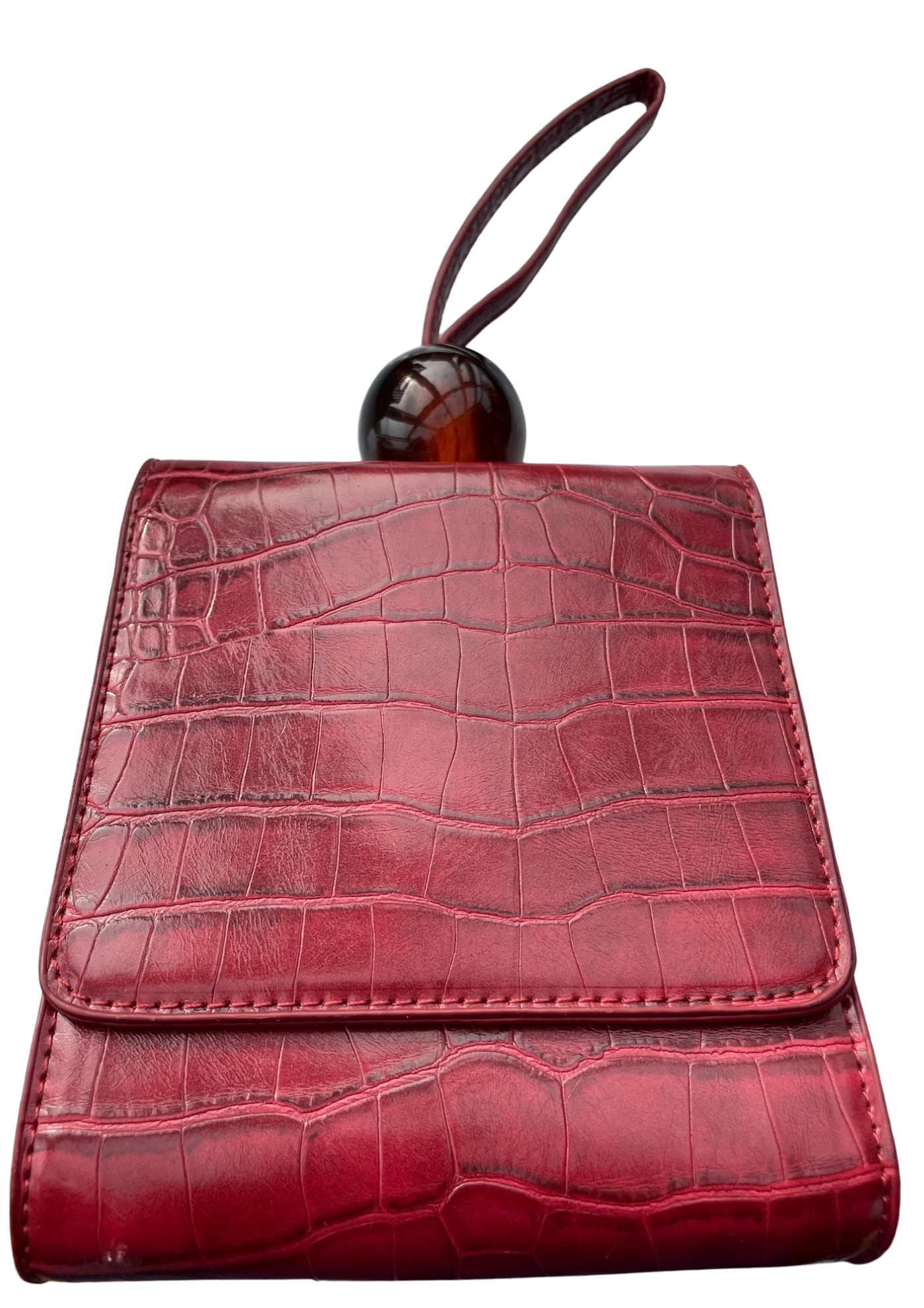 👜 Mini Sac Bordeaux Croco – Poignée Boule Résine Ambrée ✨