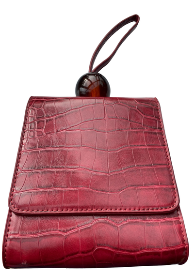 👜 Mini Sac Bordeaux Croco – Poignée Boule Résine Ambrée ✨