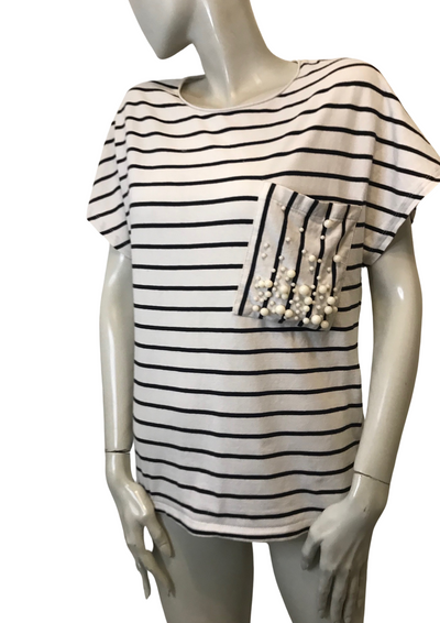T-shirt rayé blanc et noir à poche perles – Taille 36 🌟