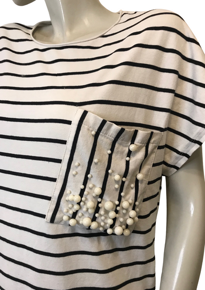 T-shirt rayé blanc et noir à poche perles – Taille 36 🌟