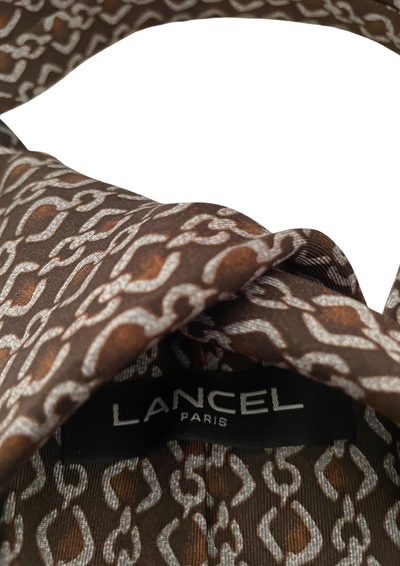 🧣 Cravate en Soie – Motifs Chaîne Marron & Gris ✨