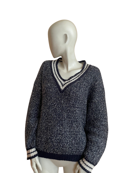 🧶 Pull navy & blanc col V – Effet brillant Taille 38