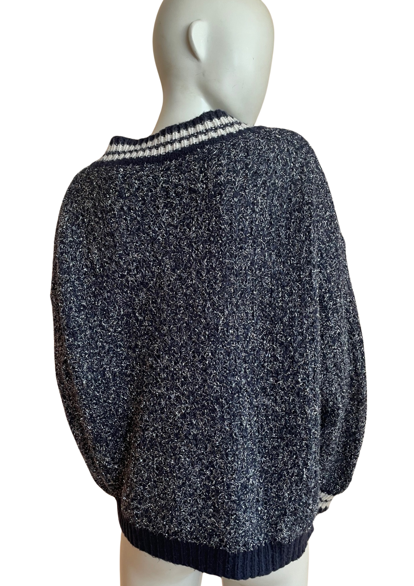 🧶 Pull navy & blanc col V – Effet brillant Taille 38