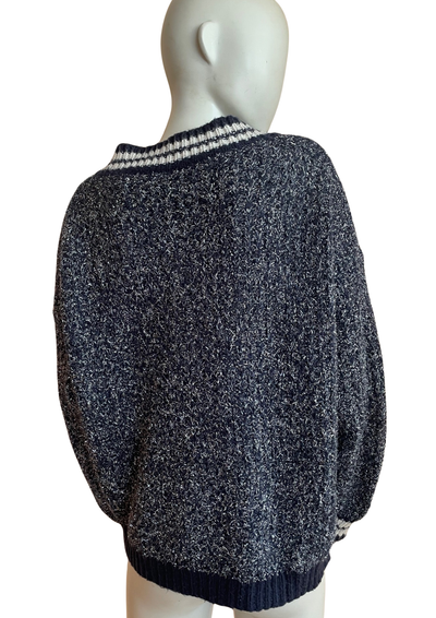 🧶 Pull navy & blanc col V – Effet brillant Taille 38