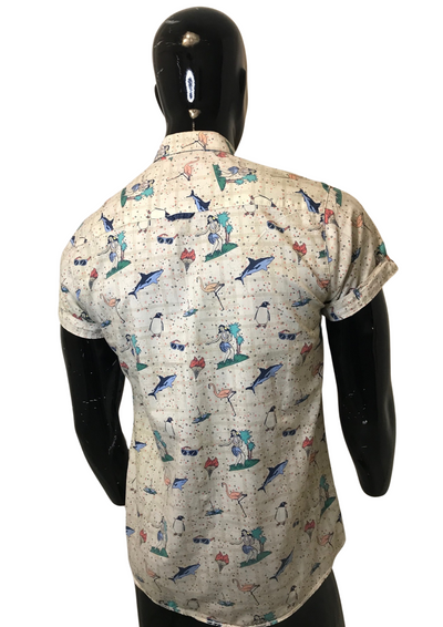 Chemise imprimé “tropicool” – col mao, manches courtes  Taille S 🌴🐬🦩