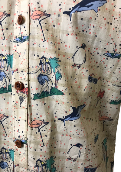 Chemise imprimé “tropicool” – col mao, manches courtes  Taille S 🌴🐬🦩