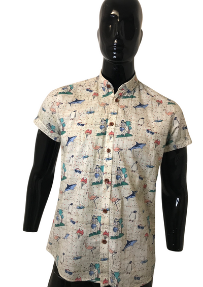 Chemise imprimé “tropicool” – col mao, manches courtes  Taille S 🌴🐬🦩