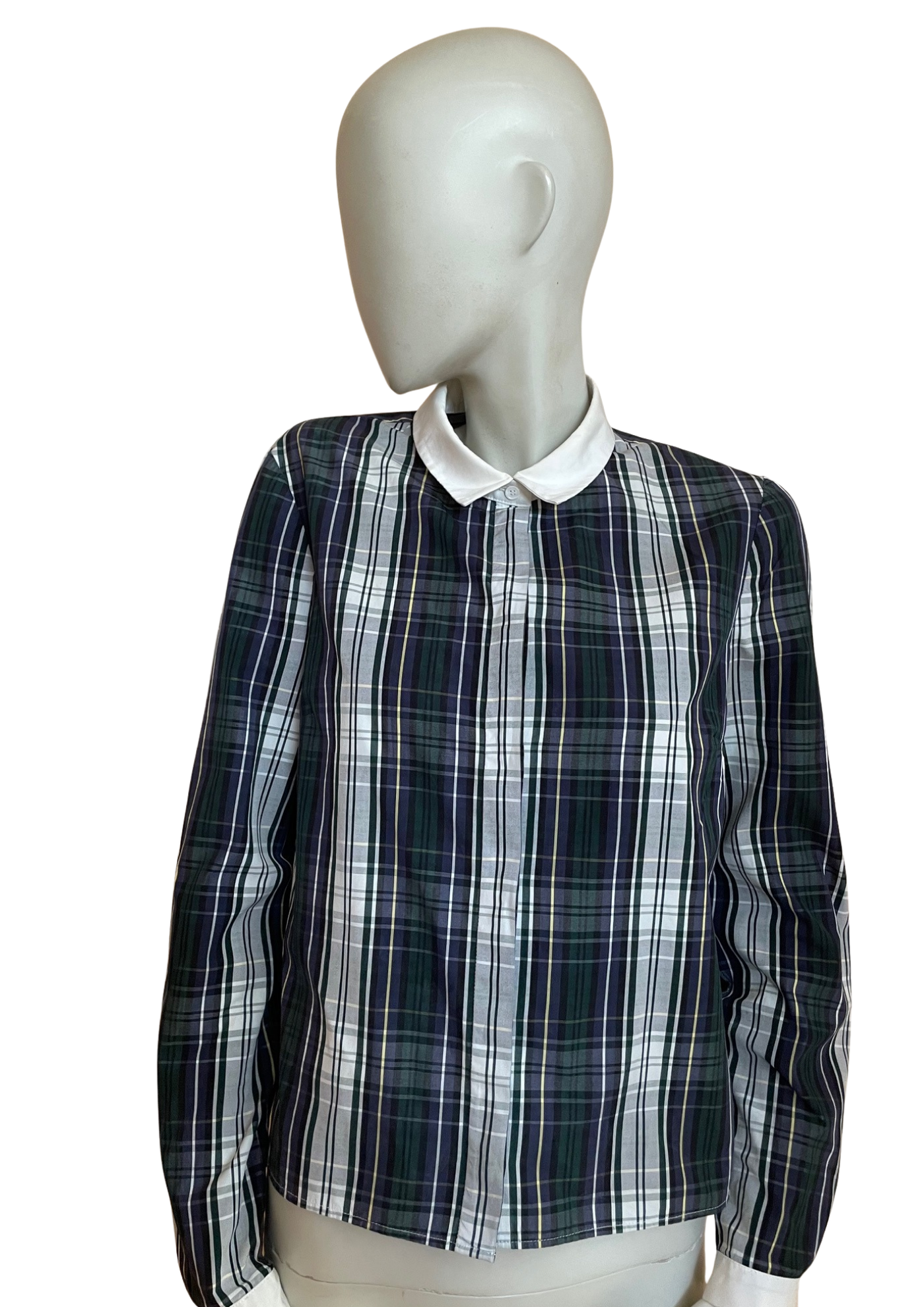 Chemise à Carreaux 🎀💙🤍💚 Col Blanc Élégant – Taille 40