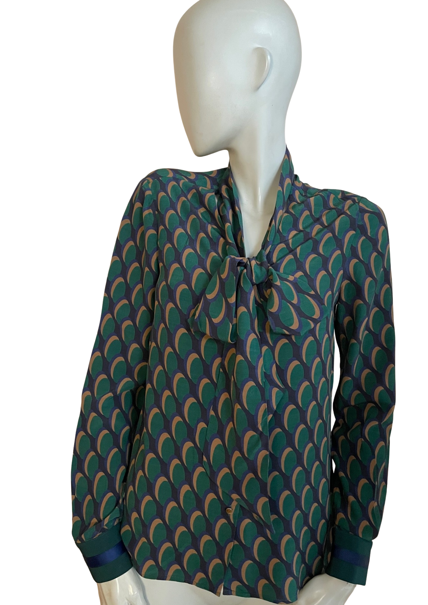 Blouse à nœud lavallière – imprimé géométrique vert/bleu Taille 34 💚💙