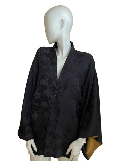 Kimono soie noir jacquard ✨🖤 doublure dorée – Taille 40-42