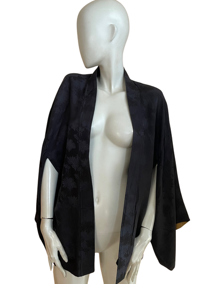 Kimono soie noir jacquard ✨🖤 doublure dorée – Taille 40-42