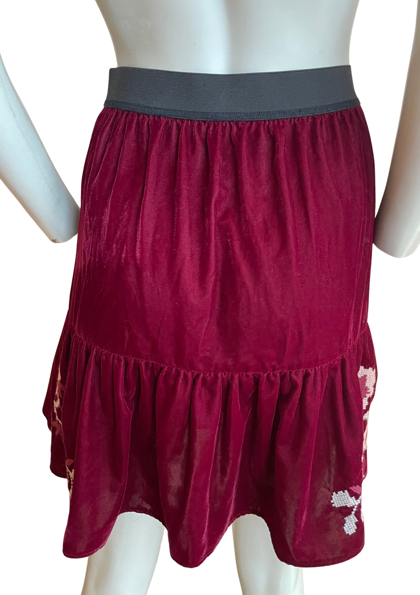🌺 Jupe velours bordeaux à fleurs brodées – Taille 38 🌺