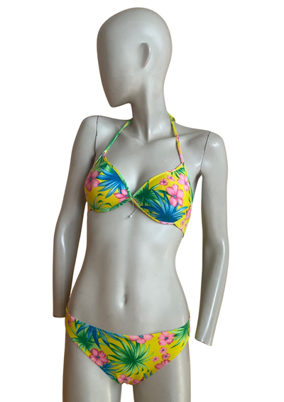 🏖️ Bikini Tropical Jaune & Rose – Taille S 🌺