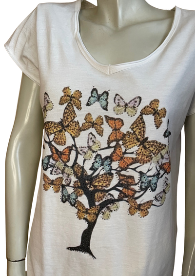 🍂 T-shirt en coton avec motif arbre et papillons Taille 40 🍂