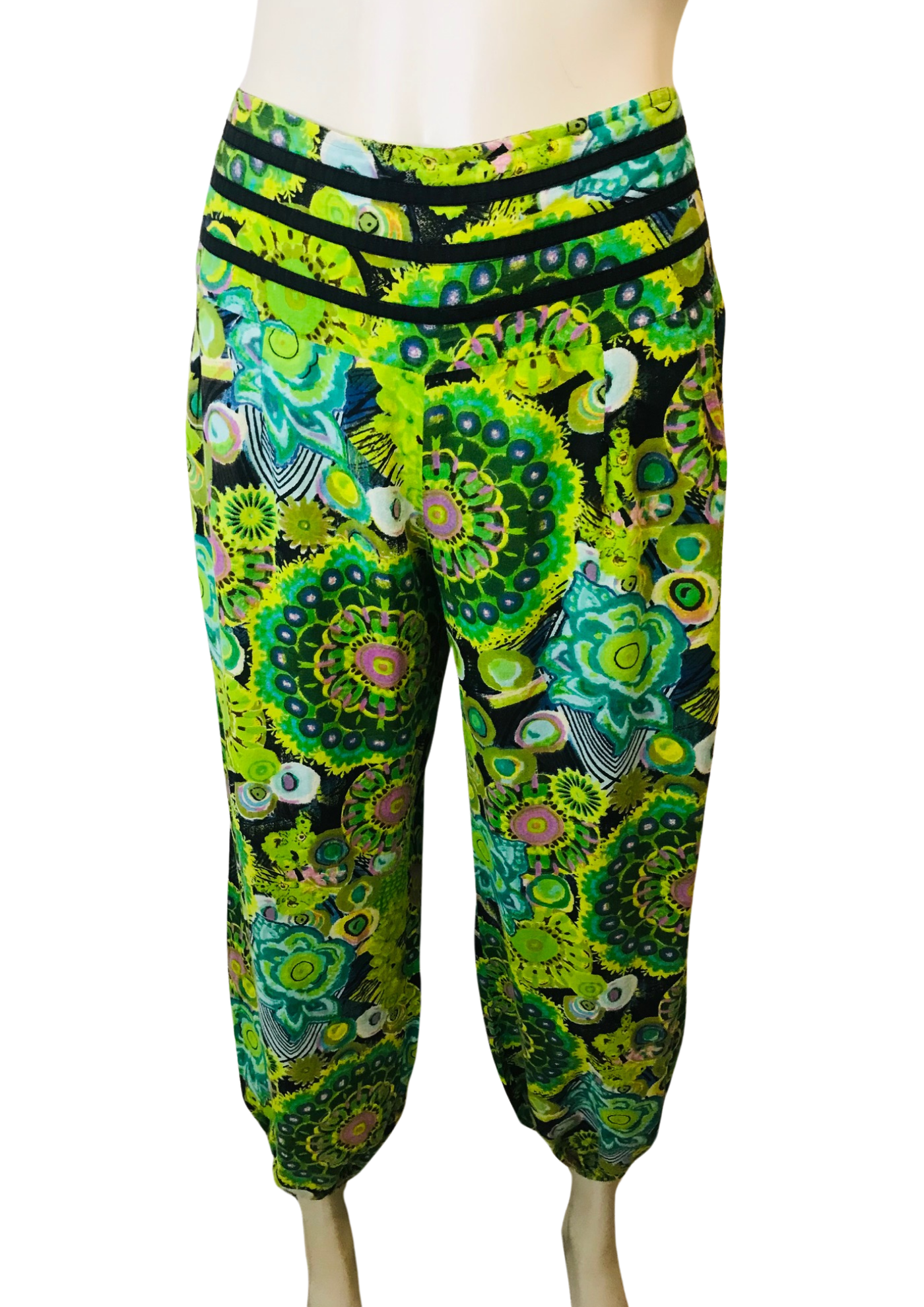 Pantalon fluide bohème imprimé vert – Taille 38 🌿✨