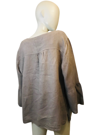 Blouse bohème grise en lin à manches évasées – Taille 48 🌿