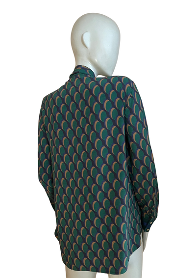 Blouse à nœud lavallière – imprimé géométrique vert/bleu Taille 34 💚💙