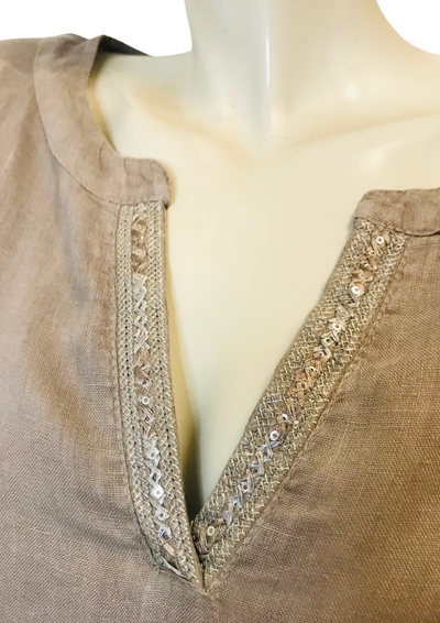 Blouse bohème grise en lin à manches évasées – Taille 48 🌿