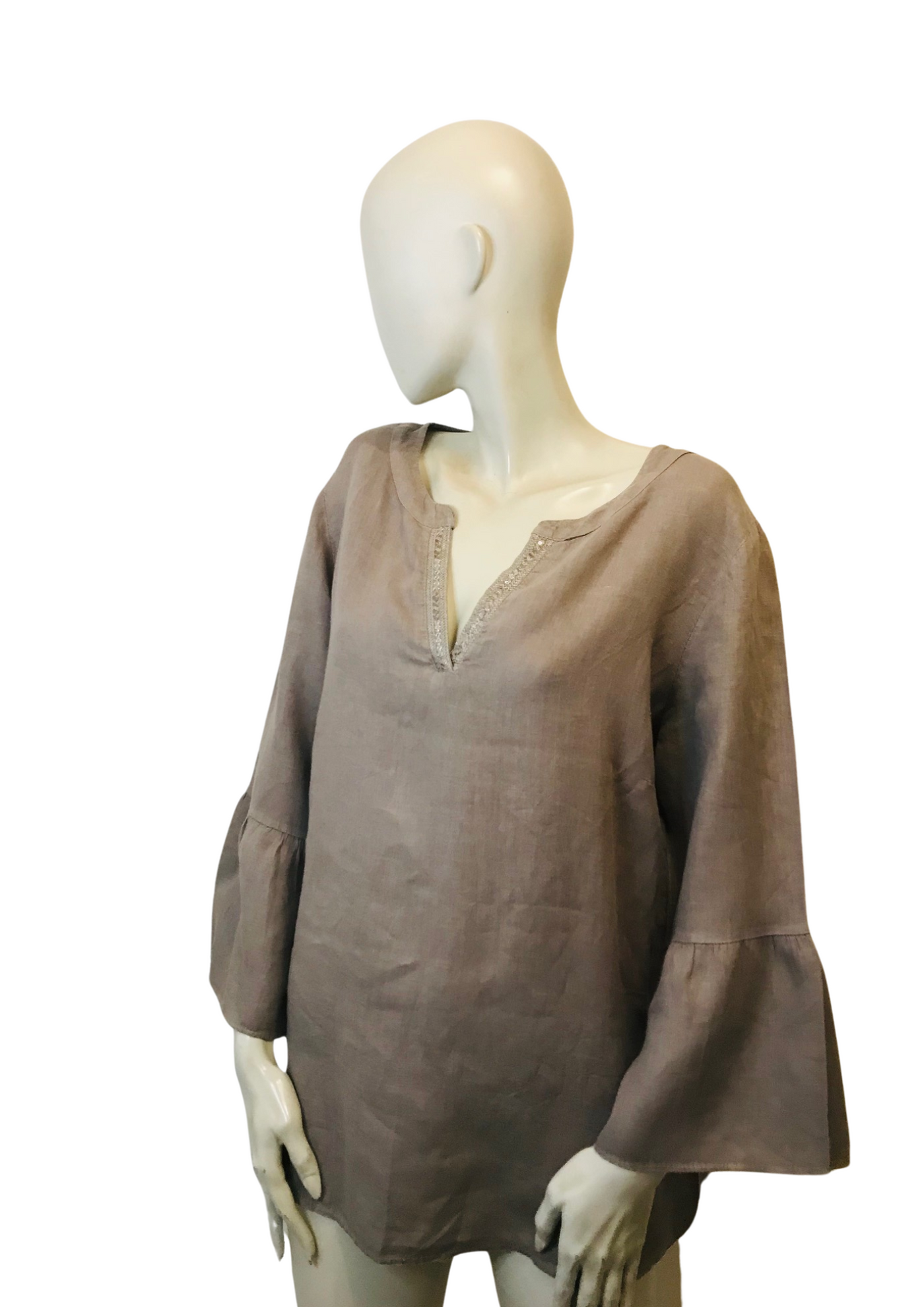 Blouse bohème grise en lin à manches évasées – Taille 48 🌿