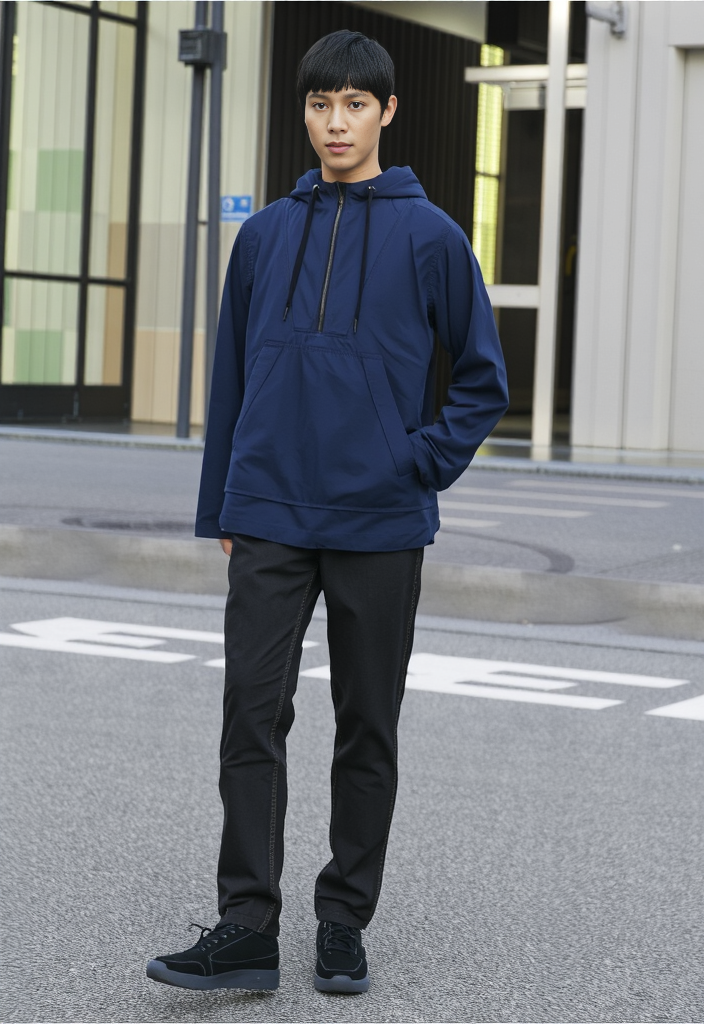 Anorak à capuche bleu marine, demi-zip & poche kangourou – Taille M 🚶