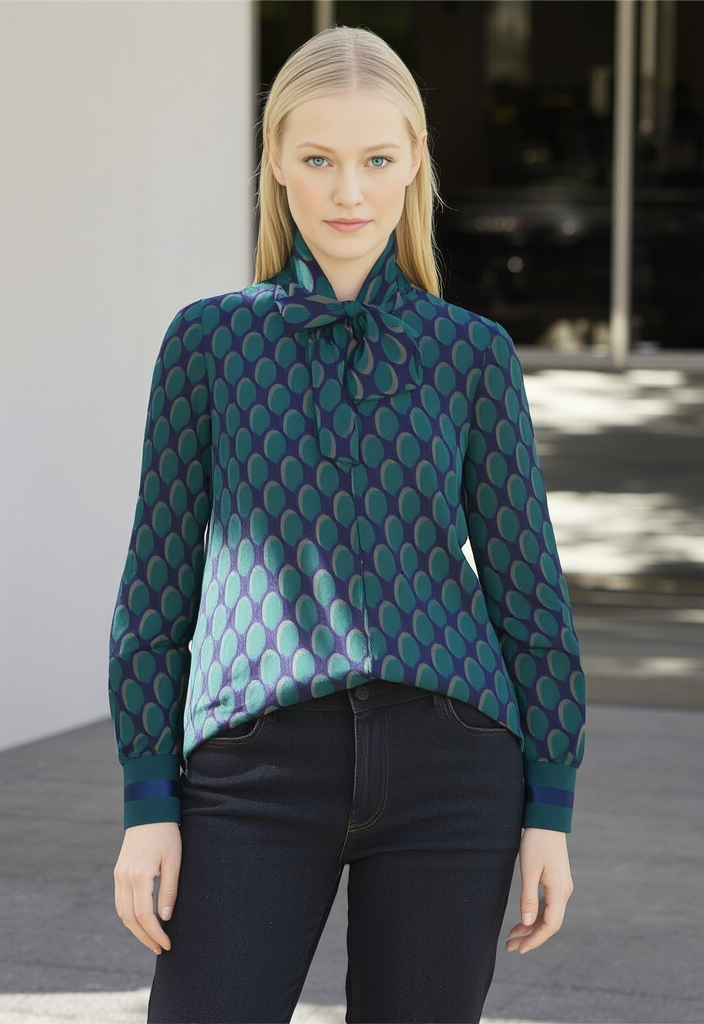 Blouse à nœud lavallière – imprimé géométrique vert/bleu Taille 34 💚💙