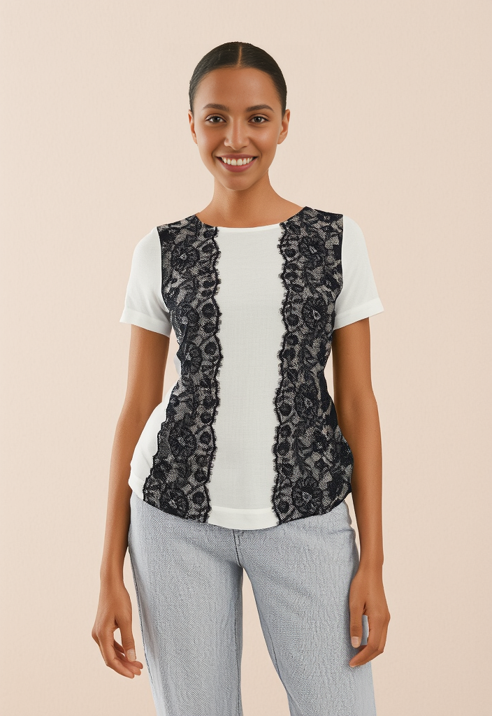 Blouse bicolore à empiècements dentelle – Taille 40 🇫🇷🖤
