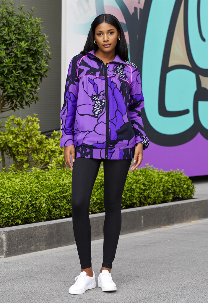 🧥💜 Veste imprimée florale violette & noire – Style rétro chic Taille 38