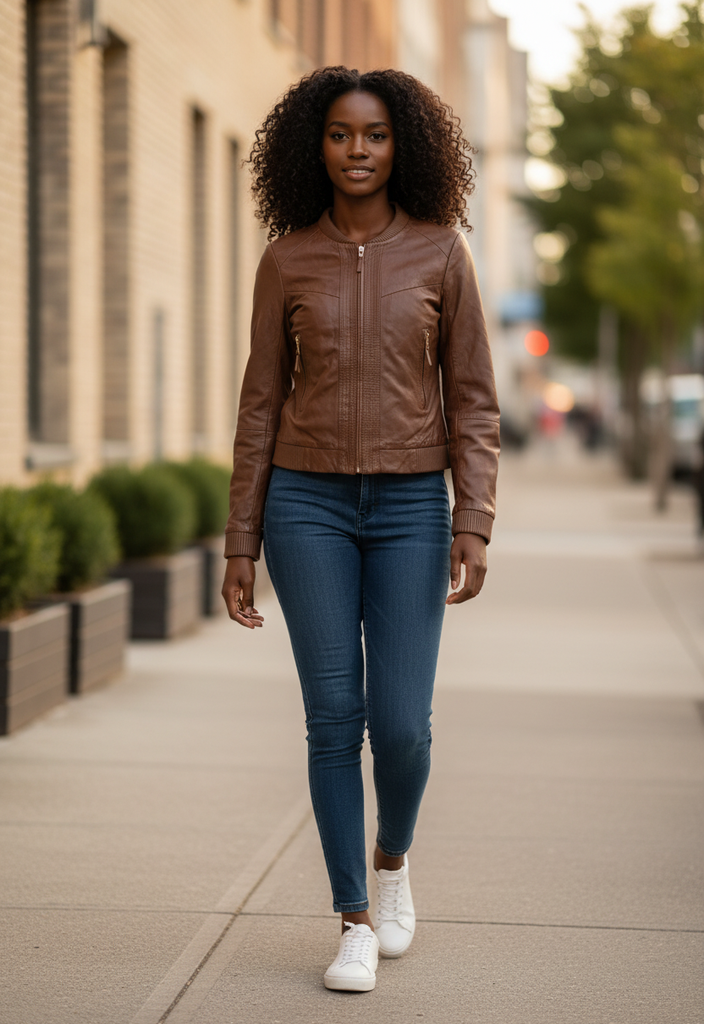 🧥 Blouson en cuir véritable marron – Esprit biker chic Taille 34 🤎✨