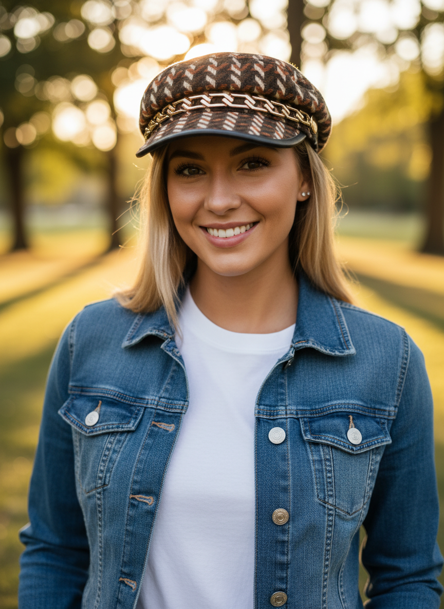 🧢✨ Casquette Gavroche à motifs multicolores avec chaîne dorée – Taille 57