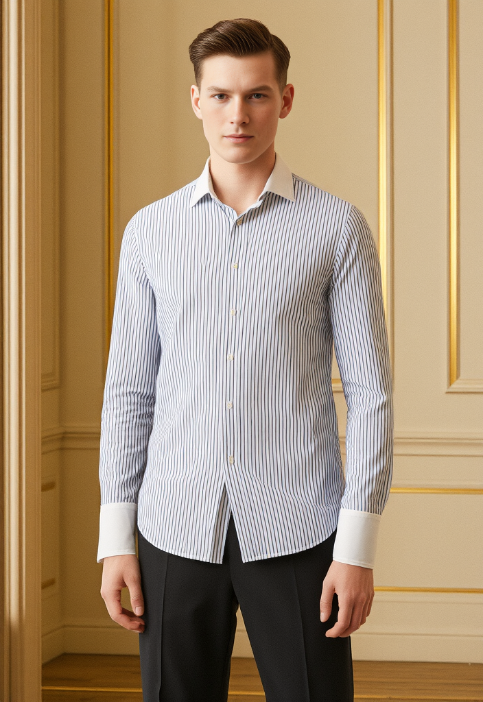 Chemise à Rayures Bleu & Blanc Col et Poignets Contrastants – Taille M