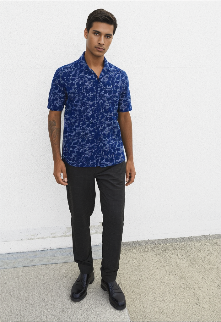 Chemise imprimée bleue – 100% viscose, manches courtes Taille XS 👔💙