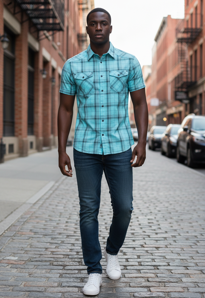 💠 Chemisette à carreaux turquoise – Taille M 👕