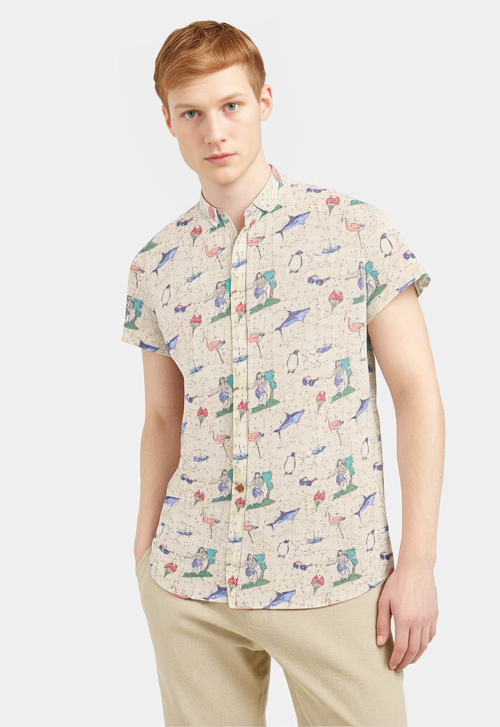 Chemise imprimé “tropicool” – col mao, manches courtes  Taille S 🌴🐬🦩